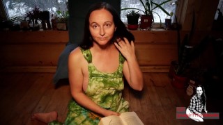 Cute MILF Girlfriend in Overalls Reads About Freedom in Love