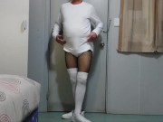 Preview 1 of CD sissy in fishnet and thigh high white socks and white sneakers cums on feet