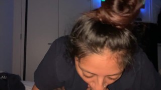 pretty faced petite latina giving her bf some sloppy throat