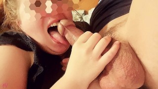 throat blowjob from a young mommy big dick with big testicles, homemade, POV.