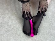 Preview 2 of Foot fetish solo caresses in black nylon socks with my favorite sex toy