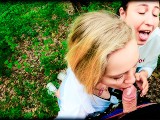 Double Blowjob in the Woods - POV Threesome Sucking