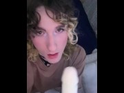 Preview 5 of Cute transgirl femboy sucks and chokes on a dildo POV