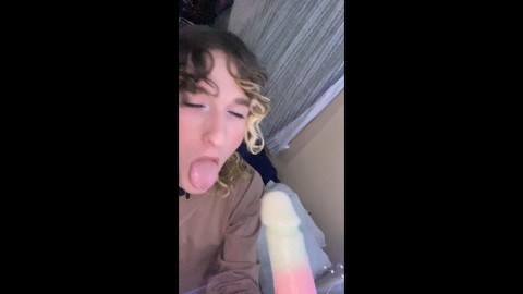 Cute transgirl femboy sucks and chokes on a dildo POV