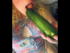 Dumb country girl slut sticks a carrot in her ass and a zucchini in her pink pussy and squirts