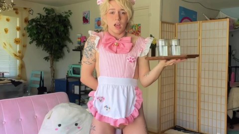 Pussy boy maid tries to keep composure while getting machine fucked