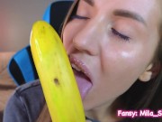 Preview 1 of 4K ASMR Blowjob with banana, mouth sounds, amazing licking, drool from the mouth