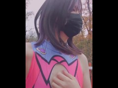 【伪娘】短裙裤袜清纯小妹在户外把衣服换成烧鸡渔网袜+泳装，边走边露出鸡巴自慰（完整版请前往推特购买哦） - Screenshot 14 of 16 - Fishnet Socks