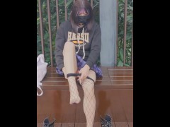 【伪娘】短裙裤袜清纯小妹在户外把衣服换成烧鸡渔网袜+泳装，边走边露出鸡巴自慰（完整版请前往推特购买哦） - Screenshot 4 of 16 - Fishnet Socks