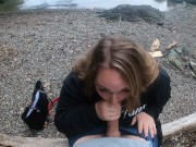 Preview 2 of POV blowjob sneaky cumslut sucking tinder dick outdoors near a trail in public he cums on my tongue