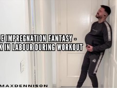 Male impregnation fantasy - Jock in labour during workout