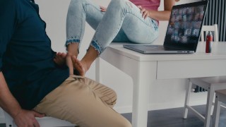 During A Work Video Call She Manipulates Him With Her Hands And Feet Until He Loses Control And Blows Up