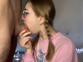 Lots of Thick Cum for the Blonde Beauty! Cumshot on the Face of a Bespectacled Cocksucker