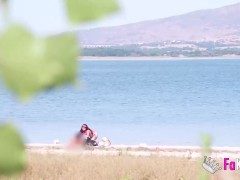 Amazing redhead Sofia Santana wants to bang random guys next to the lake!