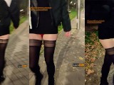 Girl with long legs, walking sexy down the street in public. Whore Wife exhibitionist in stockings