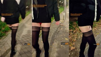 Girl with long legs, walking sexy down the street in public. Whore Wife exhibitionist in stockings