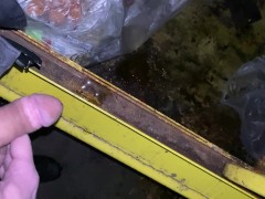 Taking a long desperate piss in a public dumpster moaning pleasure