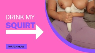 Big Boob Teacher rubs her legging covered pussy using a vibrator and squirts big time