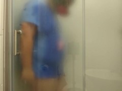 Dog takes a shower gets wet and naked