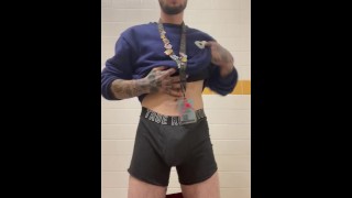 COME WATCH ME AT WORK MAKE RISKY CONTENT ON MY ONLYFANS/TUSSIN_T, BWC OF model shows cock at work