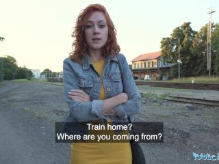 Public Agent Sexy redhead waitress sucks cock and gets fucked doggystyle outside in public screenshot number 0