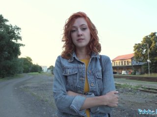 Public Agent Sexy redhead waitress sucks cock and gets fucked doggystyle outside in public screenshot number 1
