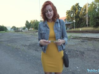 Public Agent Sexy redhead waitress sucks cock and gets fucked doggystyle outside in public screenshot number 2
