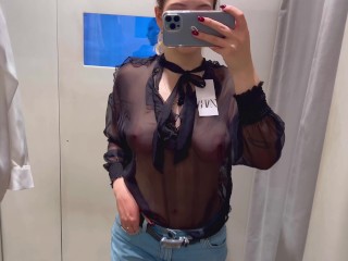Trying on Haul Transparent See through Clothing Sexy Girl Hard Nipples