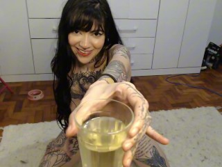 Goth Tattooed Girl Pissing in a Glass