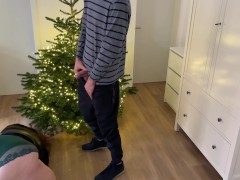 Mother-in-law bent over the Christmas tree doggy style and got hot cum on her ass
