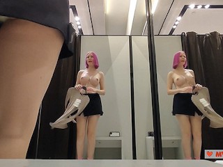 Try on Haul Sweaters in the Fitting Room. Big Tits Beauty Pulls on Clothes. Upskirt View during Fitt