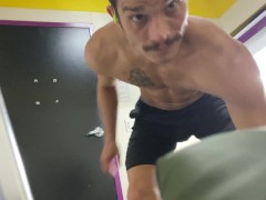 hot guy gets dressed at gym tanning booth