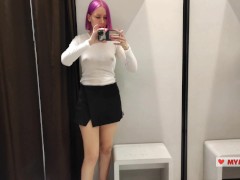 Try on haul transparent clothes in the fitting room. Busty blonde tries on a transparent blouse in o