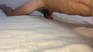 Hot man humping bed has a shaking orgasm with Lovense gush.