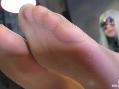 Goddess foot tease and toe wiggling in nylons while sitting at the table