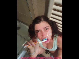 Stupid StepDaughter brushes her teeth with Cum. Her Stepfather cheated her