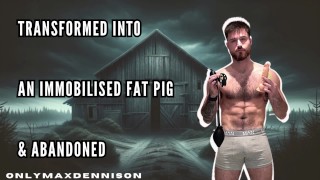 Transformado em um porco gordo imobilizado e abandonado em um celeiro