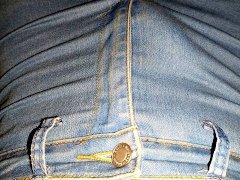 Striptease and cum onto girl's slim fit medium blue jeans 😍💄💧