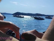 Preview 5 of French Milf Handjob Amateur on Nude Beach public in Greece to stranger with Cumshot - MissCreamy