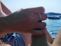 French Milf Handjob Amateur on Nude Beach public in Greece to stranger with Cumshot - MissCreamy