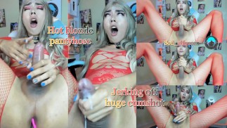 Hot blonde in pantyhose jerking off cum
