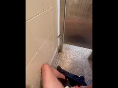 Rubbing My Hard Cock in public restroom with door unlocked