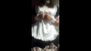 Femboy in a cosplay maid costume rides like a slut on a dildo
