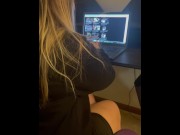 Preview 2 of Naughty Blonde Pissing on Boy Friends Gamer Chair Wets Carpet After Seeing What’s On His Laptop