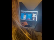 Preview 5 of Naughty Blonde Pissing on Boy Friends Gamer Chair Wets Carpet After Seeing What’s On His Laptop