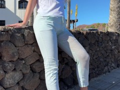 the girl couldn't hold it and peed in her pants in the city center in public