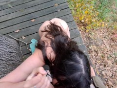 Naked forest nymph gives a blowjob and takes cum in her mouth