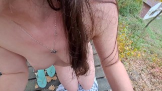 Naked forest nymph gives a blowjob and takes cum in her mouth