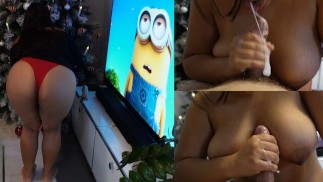 Perverse Christmas girl with 2 giant cumshots on her tits and a gift in her mouth