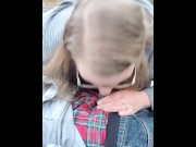 Preview 3 of Bbw blonde in glasses blowjob during picnic on nature trail outdoor in public